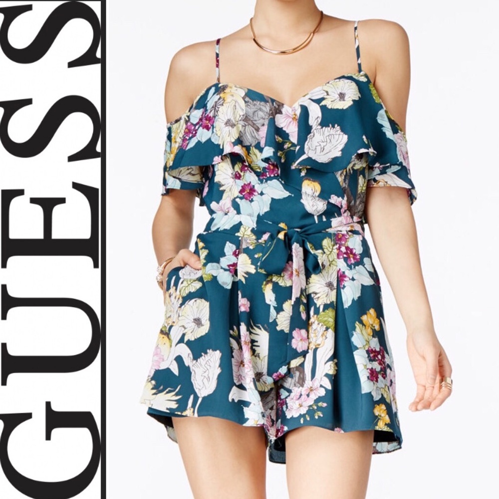 Guess Teal Floral Off The Shoulder Romper 🌸 NWOT